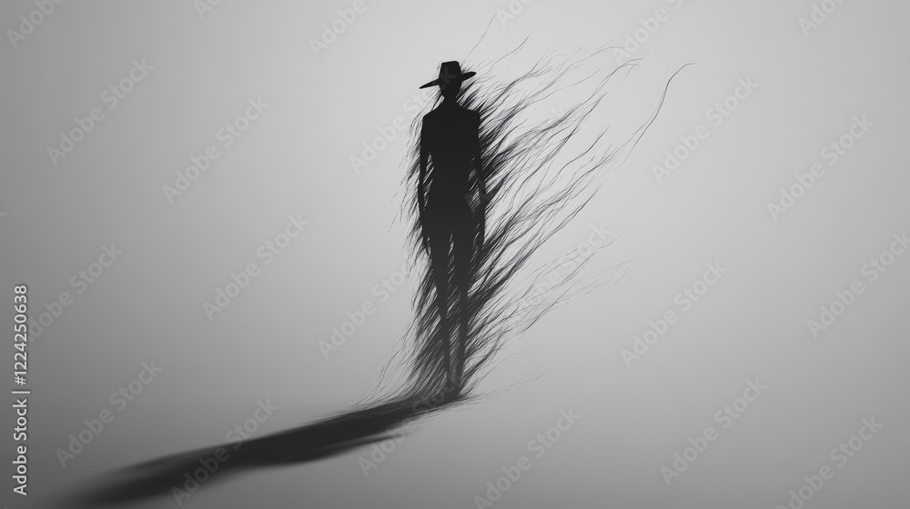 Poster mysterious silhouette of a figure with flowing lines and shadow on a minimalist gray background