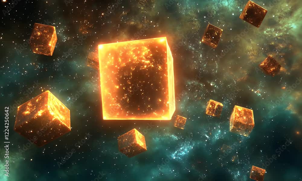 Aufkleber Glowing cubes float in cosmic nebula; data visualization