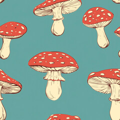 Red and light yellow mushrooms with dots on teal background. Retro style. For print, textile, or wallpaper. Top view.