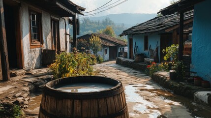 Serene Village Scene with Traditional Architecture and Peaceful Atmosphere