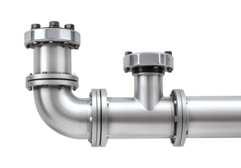 Stainless steel pipe system with valves and flanges.