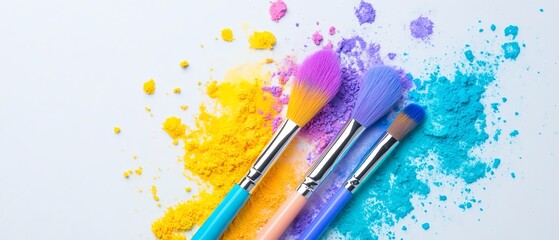 Colorful makeup brushes with vibrant powders on a white background, showcasing beauty tools and artistic creativity.