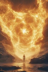 A man stands in front of a large, fiery hole in the ground
