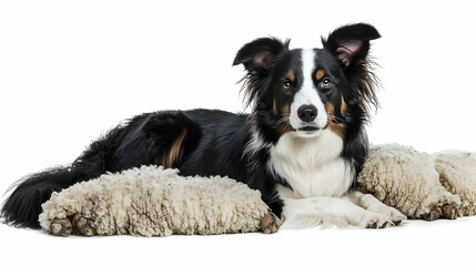 Fototapeta premium Black and White Dog Resting on Soft Sheep Fleece Background