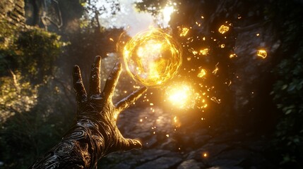 Fototapeta premium A hand is reaching out to grab a glowing orb