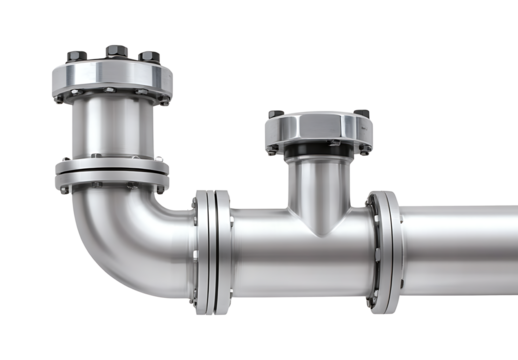 Stainless steel pipe system with valves and flanges.