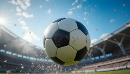 Obraz premium Soccer ball in flight, stadium background.