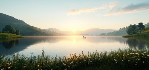 Fototapeta premium Serene Sunrise over a Calm Lake in the Mountains