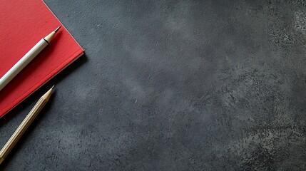 Red notebook, pencils, dark desk, planning