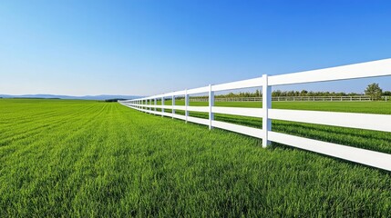 Fototapeta premium A vibrant field of green grass stretches out to meet a crisp white fence, all under a clear and cloudless blue sky