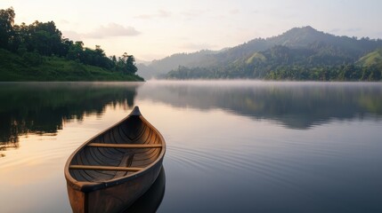 Fototapeta premium Serene Sunrise over a Misty Lake with a Small Boat
