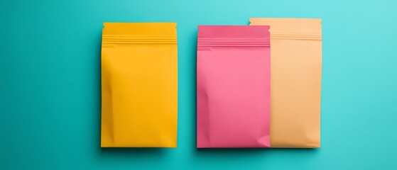 Fototapeta premium Three colorful paper envelopes in yellow, pink, and beige on a turquoise background, showcasing vibrant packaging options.