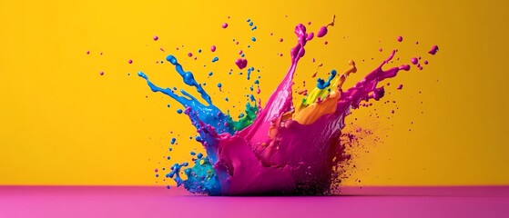 Vibrant splash of colorful paint against a bright yellow background, showcasing a dynamic and creative visual explosion of hues.