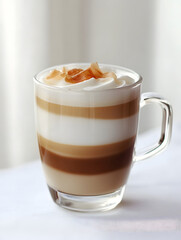 Elegant Layered Latte Macchiato with Foam and Caramel Topping in Clear Glass Mug on Neutral Background : Generative AI