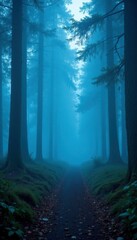 Fototapeta premium Softly glowing blue fog surrounds a mystical forest, atmospheric, nature