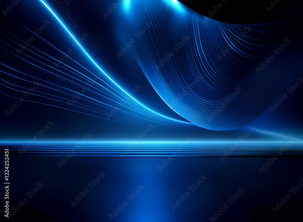Poster abstract digital art featuring glowing blue lines and curves on a dark background, creating a sense 