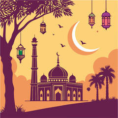 Create a vibrant Ramadan scene featuring a crescent moon, lanterns, and a mosque at sunset