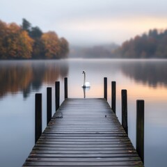 Obraz premium Serene Sunrise over the Lake with a Solitary Swan