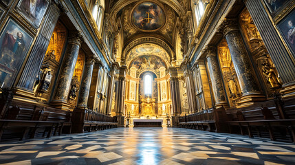 Obraz premium Grand Interior of Baroque Cathedral with Ornate Architecture and Sunlit Aisles : Generative AI