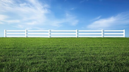 Fototapeta premium A white fence cuts across a lush green field, set against the backdrop of a perfectly blue and cloudless sky