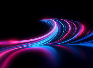Abstract artwork featuring vibrant pink and blue neon light streaks curving elegantly across a dark background, creating an illusion of movement and depth.  The glowing lines reflect on a glossy surfa