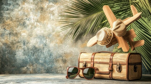 A wooden plane and travel gift voucher leaning against a suitcase with tropical beach accessories on a textured background
