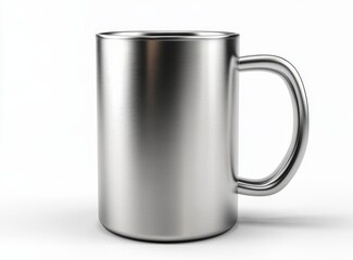 Brushed stainless steel mug with handle, isolated on white.