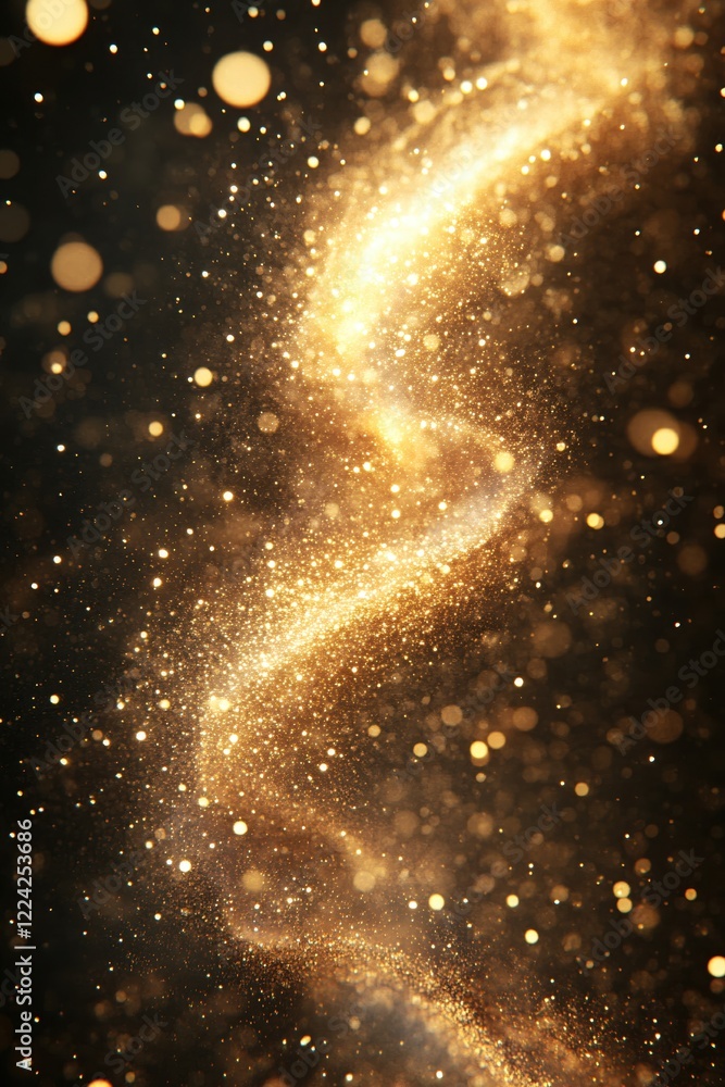 Poster golden dust stream with glowing bokeh lights on a dark background creating a magical effect