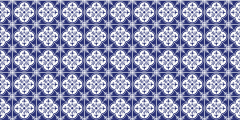 Decorative tiles pattern blue color, seamless pattern, blue decorative seamless pattern.