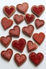 Fototapeta premium Many Glittering Red Hearts Arranged on White Surface in a Flat Lay Style for a Love Theme