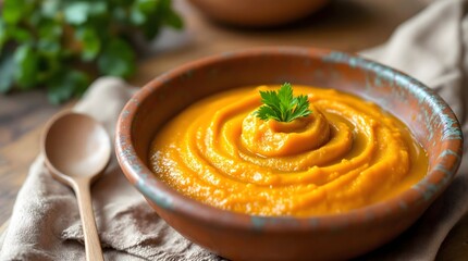 Quibebe (Pumpkin Pur&eacute;e) Garnished with Parsley in a Rustic Bowl [Bahian Cuisine]