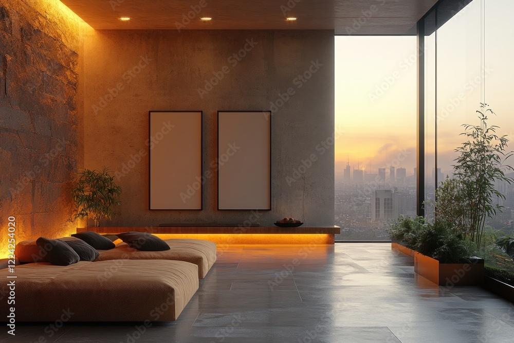 Poster contemporary gallery space with minimalist design featuring two empty frames on illuminated wall and