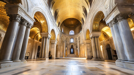 Majestic Byzantine Church Interior with Golden Mosaics and Arched Ceilings : Generative AI
