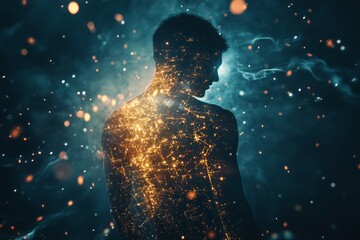 Futuristic Silhouette of a Person with Glowing Digital Network and Particles