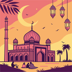 Create a vibrant Ramadan scene featuring a crescent moon, lanterns, and a mosque at sunset