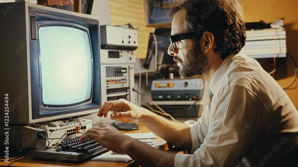 Aufkleber retro man working on vintage computer 1980s technology programmer office