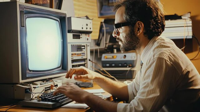 Retro Man Working on Vintage Computer 1980s Technology Programmer Office
