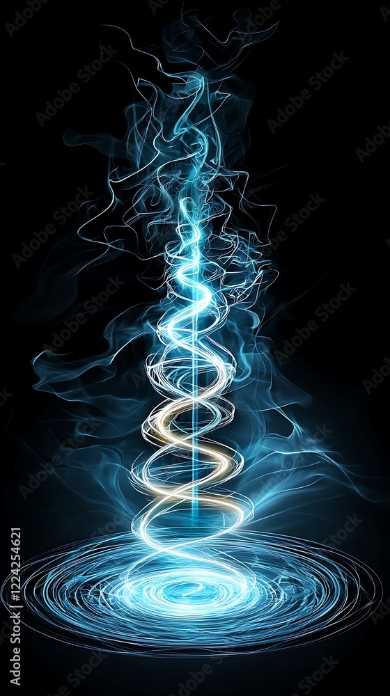 Poster swirling blue light forms a spiral column against a dark background, creating a mystical and etherea