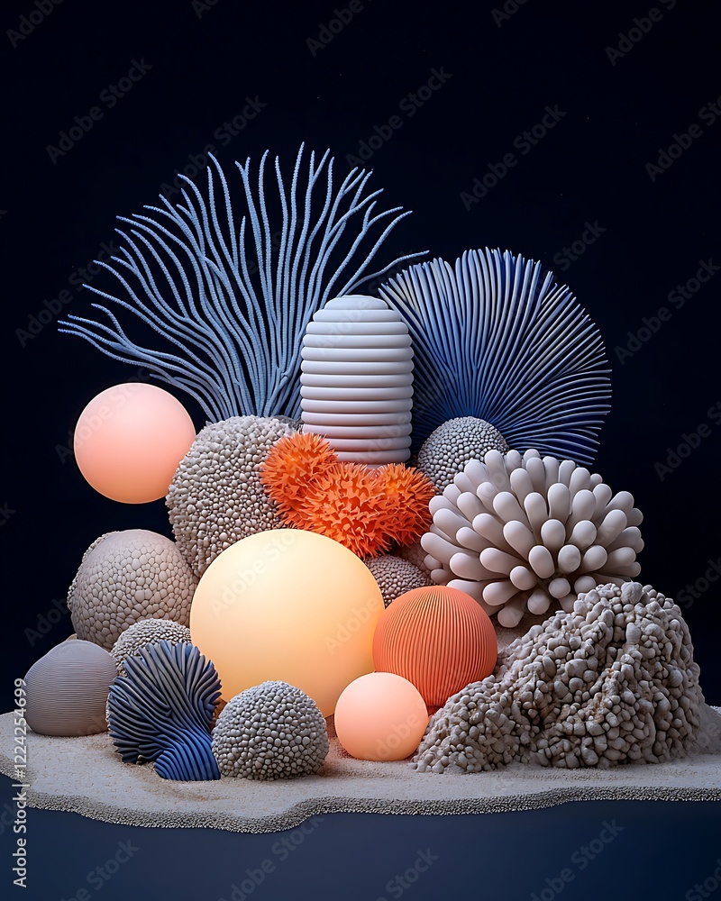 Poster artificial coral reef arrangement with colorful elements and textured forms, creating a vibrant unde