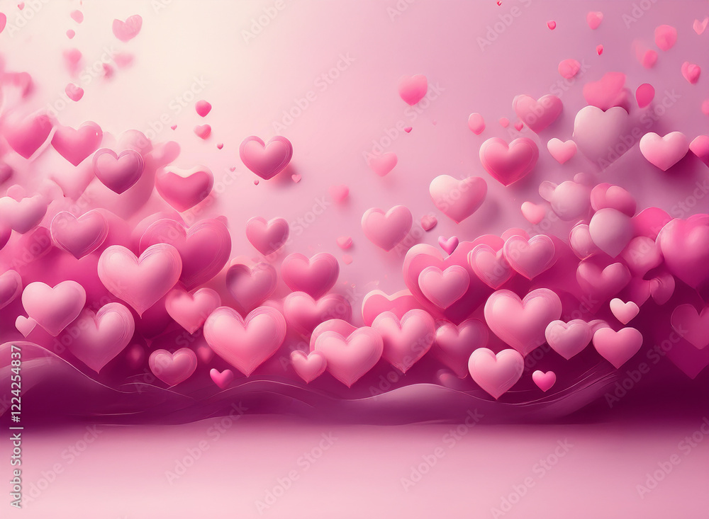 Poster a dreamy scene of numerous pink hearts of varying sizes float and swirl, creating a romantic and whi