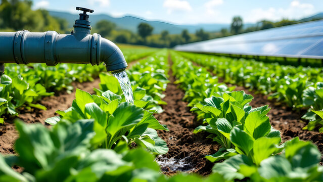 The groundwater is pumped by a solar powered pump from a solar panel in a smart agricultural farm. Close focus in agriculture land area.