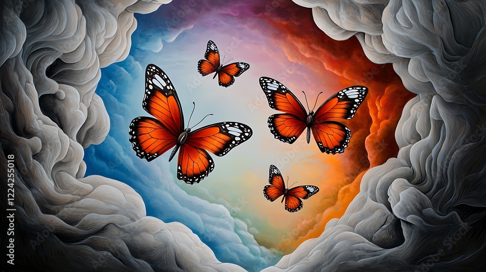 Poster colorful butterflies flutter through a dramatic sky of swirling clouds in vibrant hues, creating a c