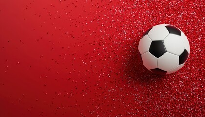 Fototapeta premium Soccer Ball on Red Glitter Background A Festive Sport Theme