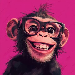 Smiling Chimpanzee in Glasses Against Vibrant Pink Background: A Delightful Digital Artwork