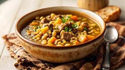 Fototapeta premium Kjøttsuppe med Bygg, traditional meat and barley soup with root vegetables (Norwegian Cuisine)