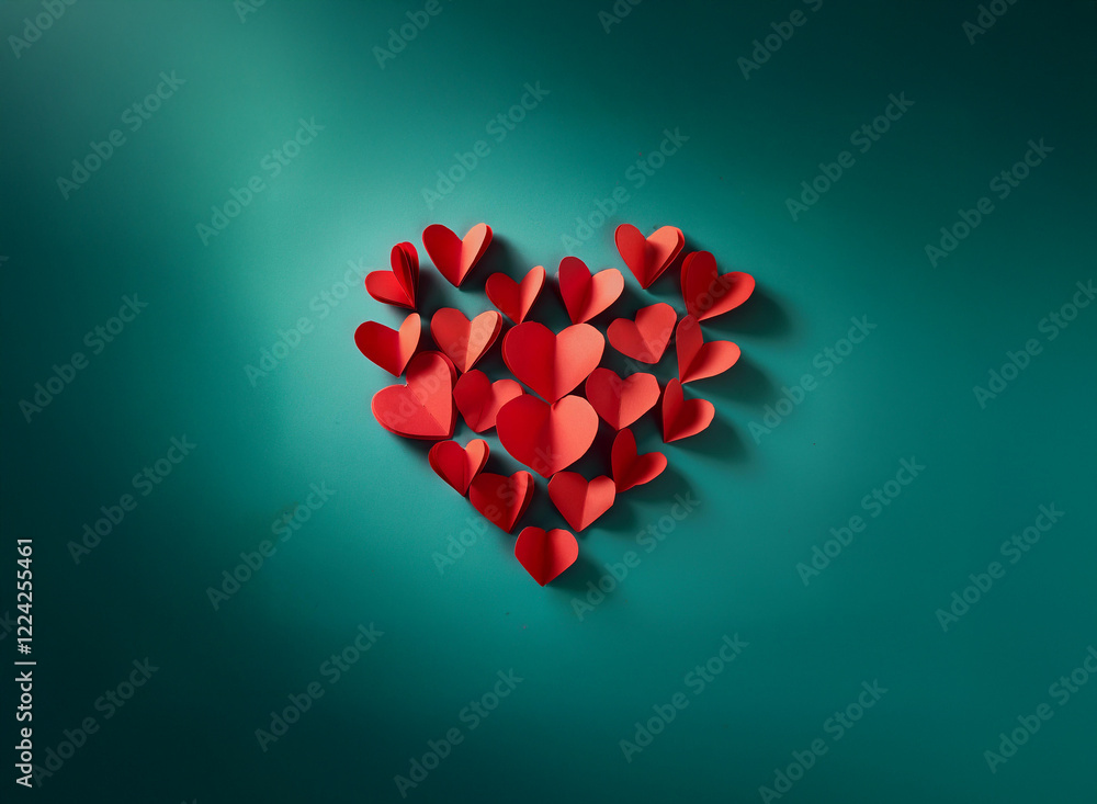 Poster many small red paper hearts arranged in the shape of a large heart against a teal background. a sing