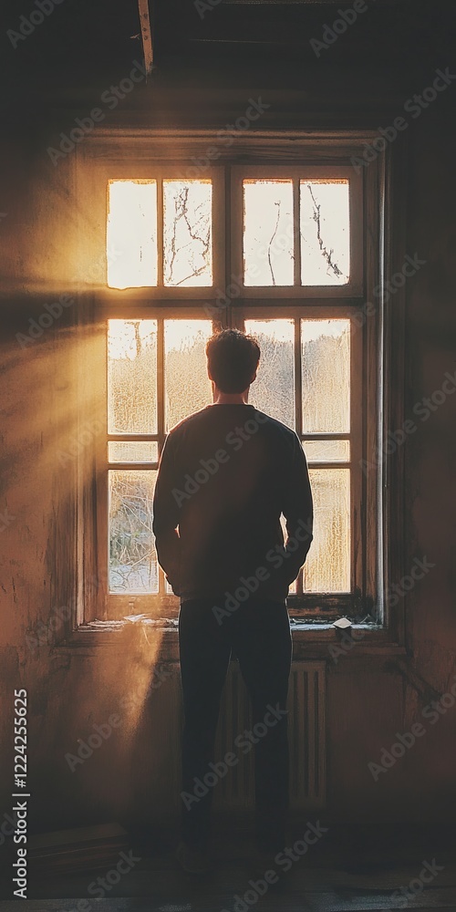 Poster silhouette of a man standing by a window with sunlight streaming through in a rustic room
