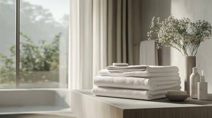 Clean and folded bedding sheets resting on a sleek bathroom table, with subtle details emphasizing a fresh and calming environment