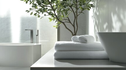 Clean and folded bedding sheets resting on a sleek bathroom table, with subtle details emphasizing a fresh and calming environment