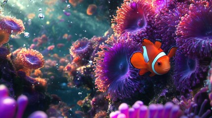 Obraz premium Clownfish hiding in vibrant coral reef aquarium